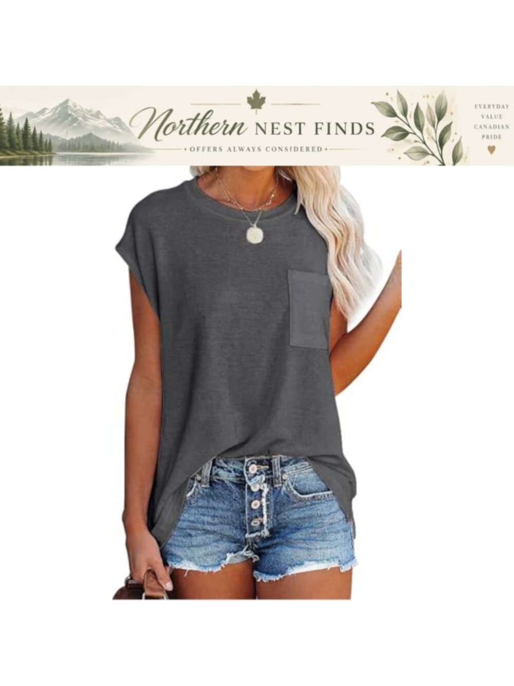 Womens Summer T Shirt Loose Fit Cap Sleeve Side Split Tunic Top with Pocket